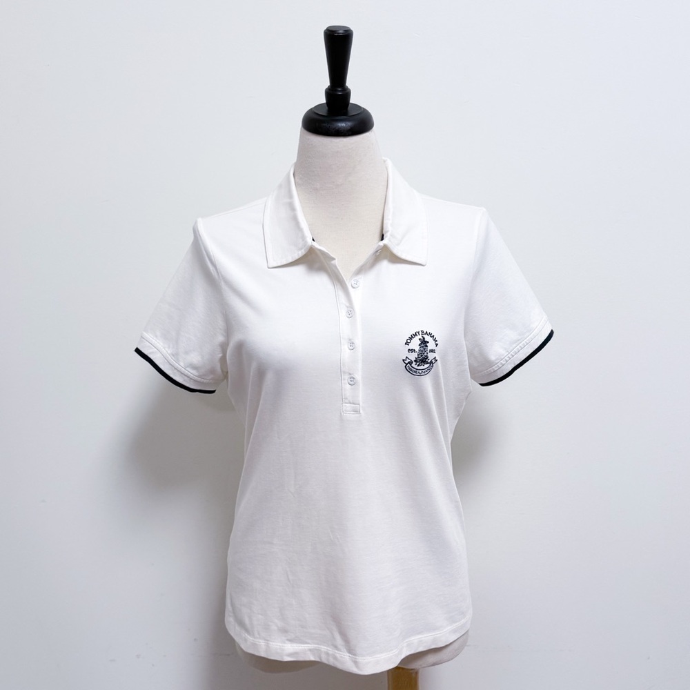 Tommy Bahama White Pique Navy Blue Pineapple Embroidered Short Sleeve Polo Large